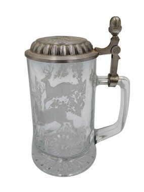 Avon Glass Beer Stein Deer Stag Etched Tankard Lid Vintage Forest Drinking Mug